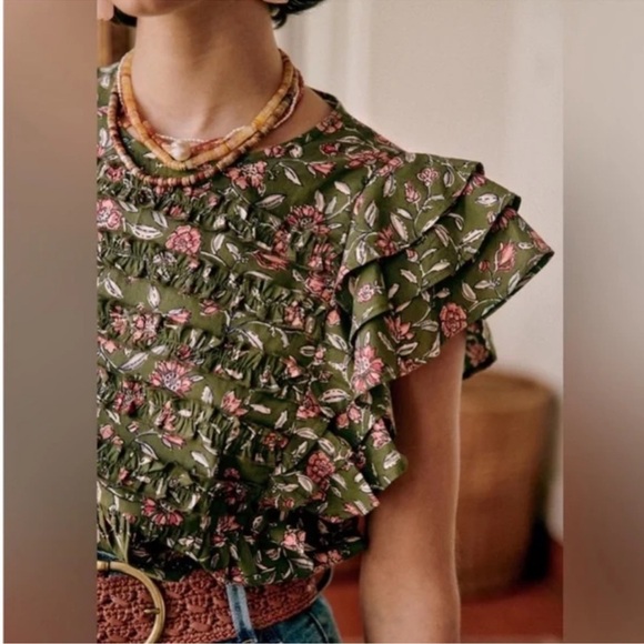 Sezane Melia Blouse Flowers Khaki Ruffled Flutter Floral
Fleurs Size 34 US 2 - Picture 7 of 9